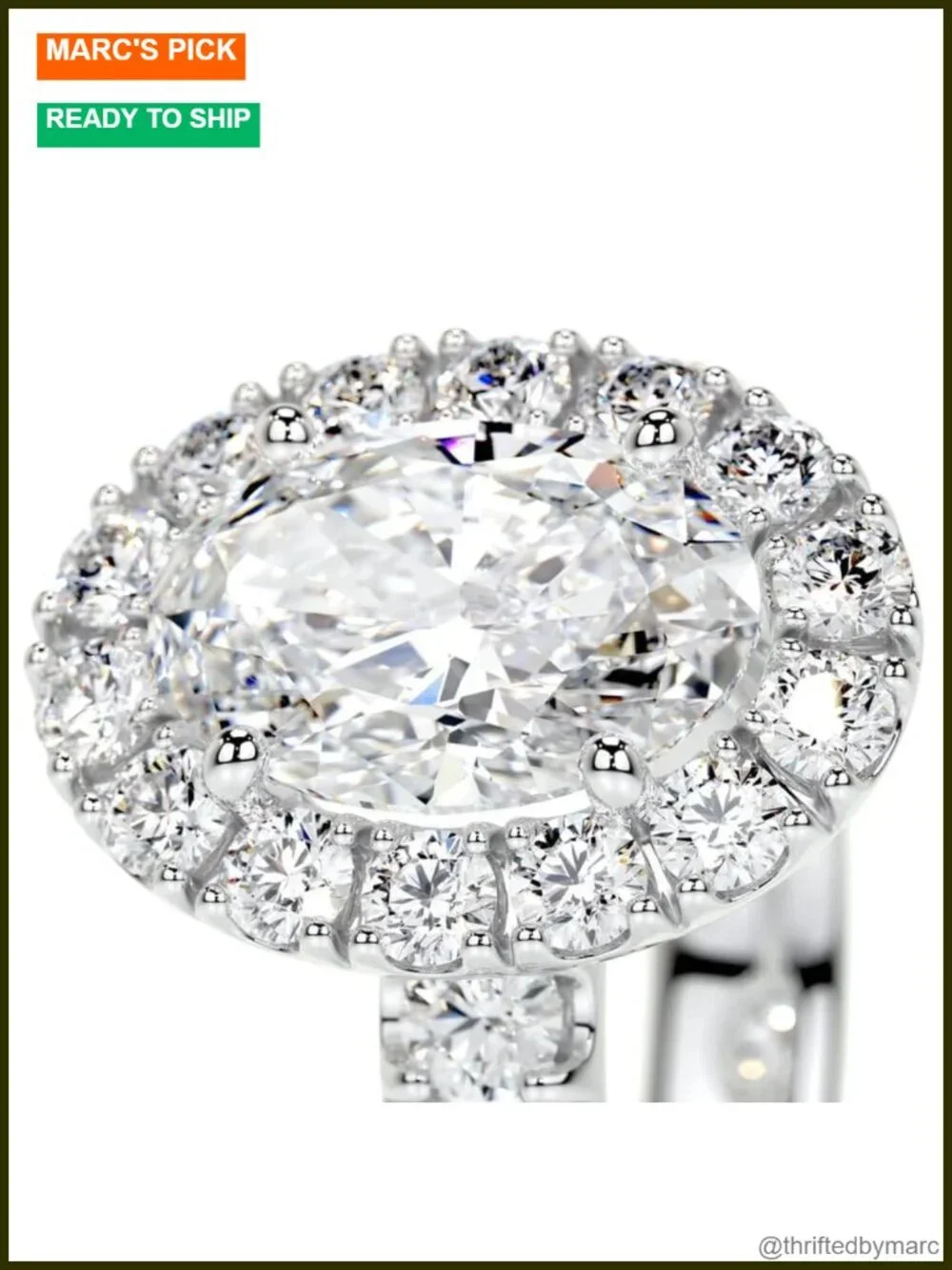 Oval Moissanite Engagement Ring 4 Carat Platinum Plated Silver Halo Cathedral